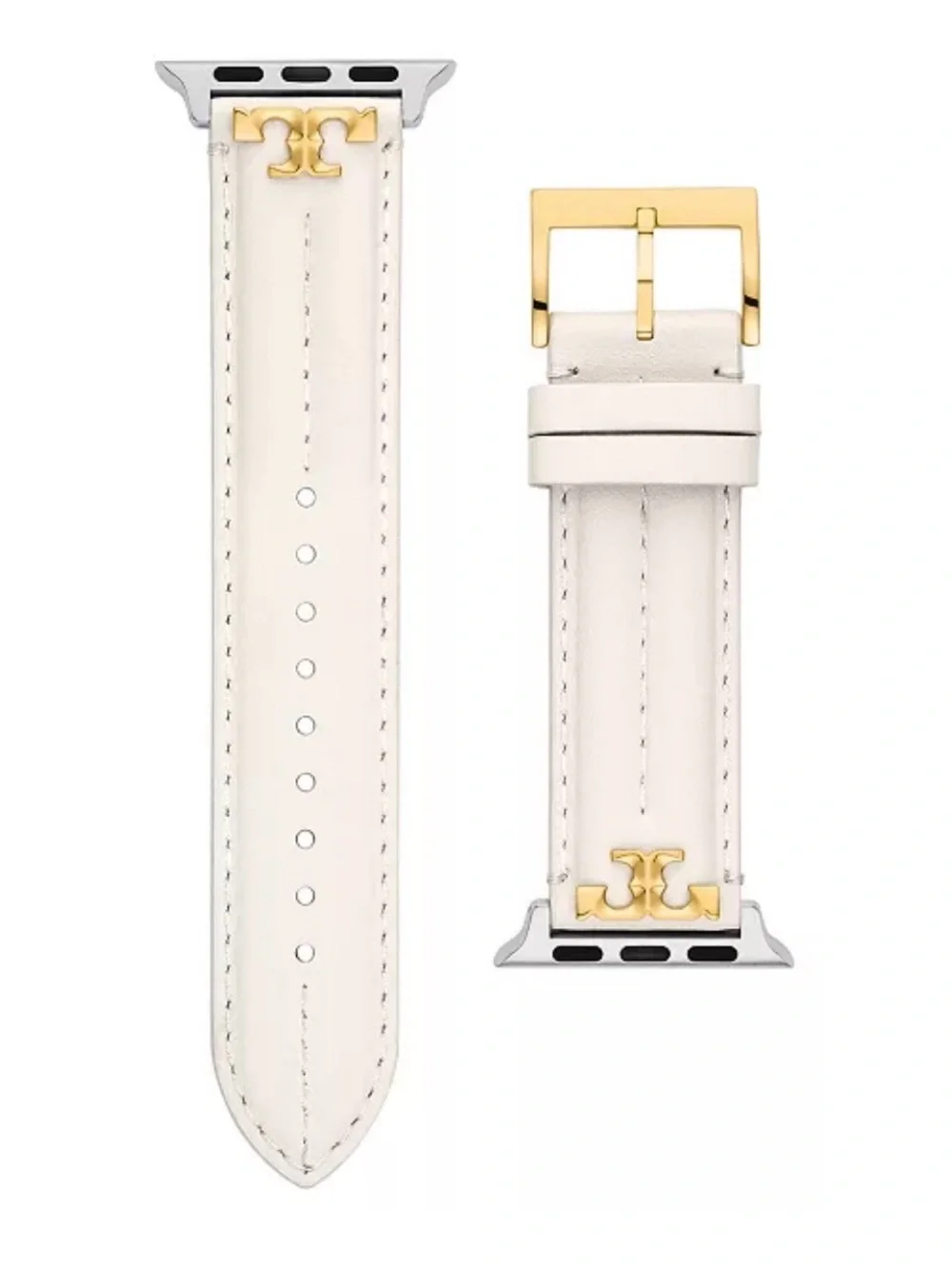 Tory Burch Ivory Leather Apple Watch Band with Gold Logo Hardware